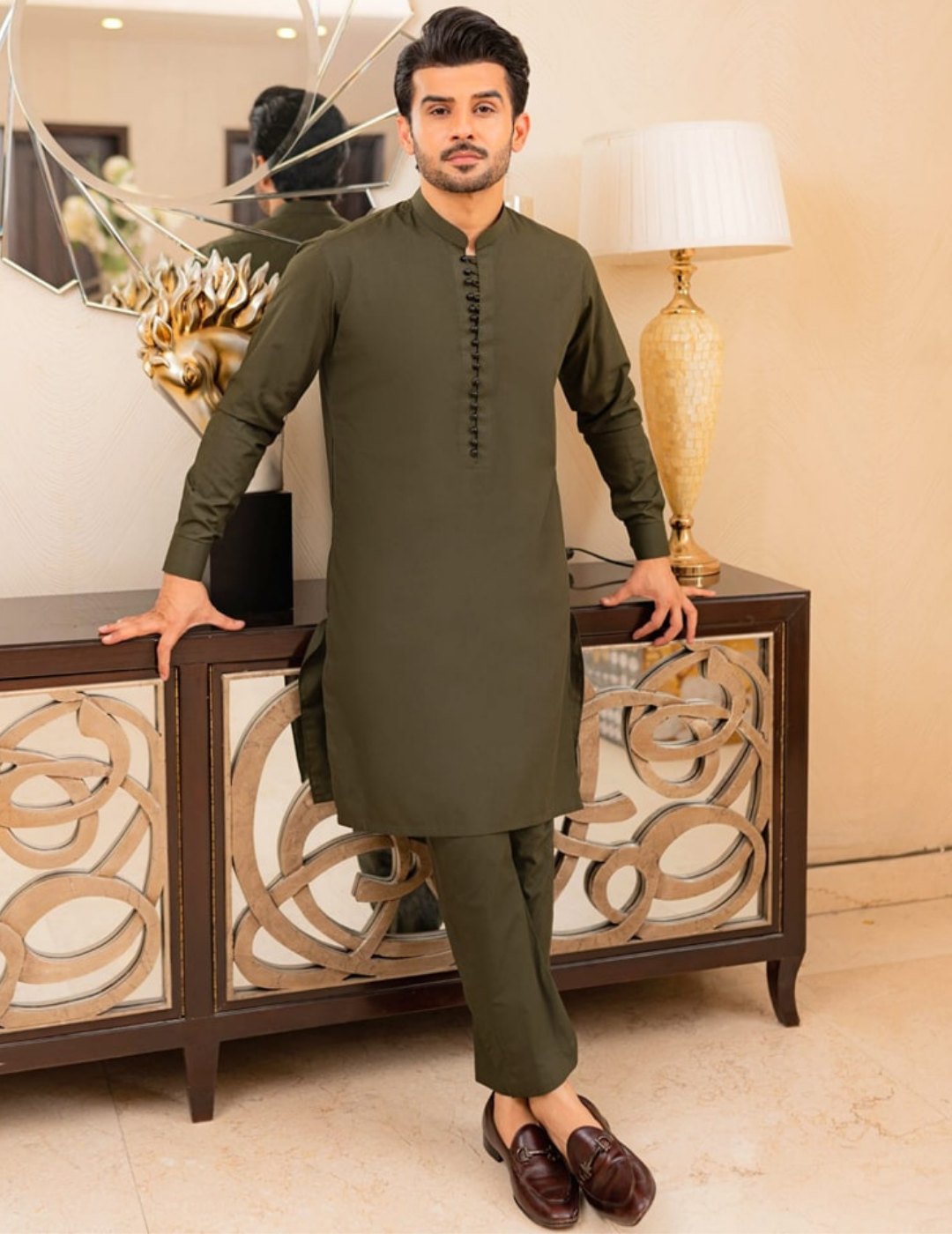 Olive green Korean Boski kurta trouser