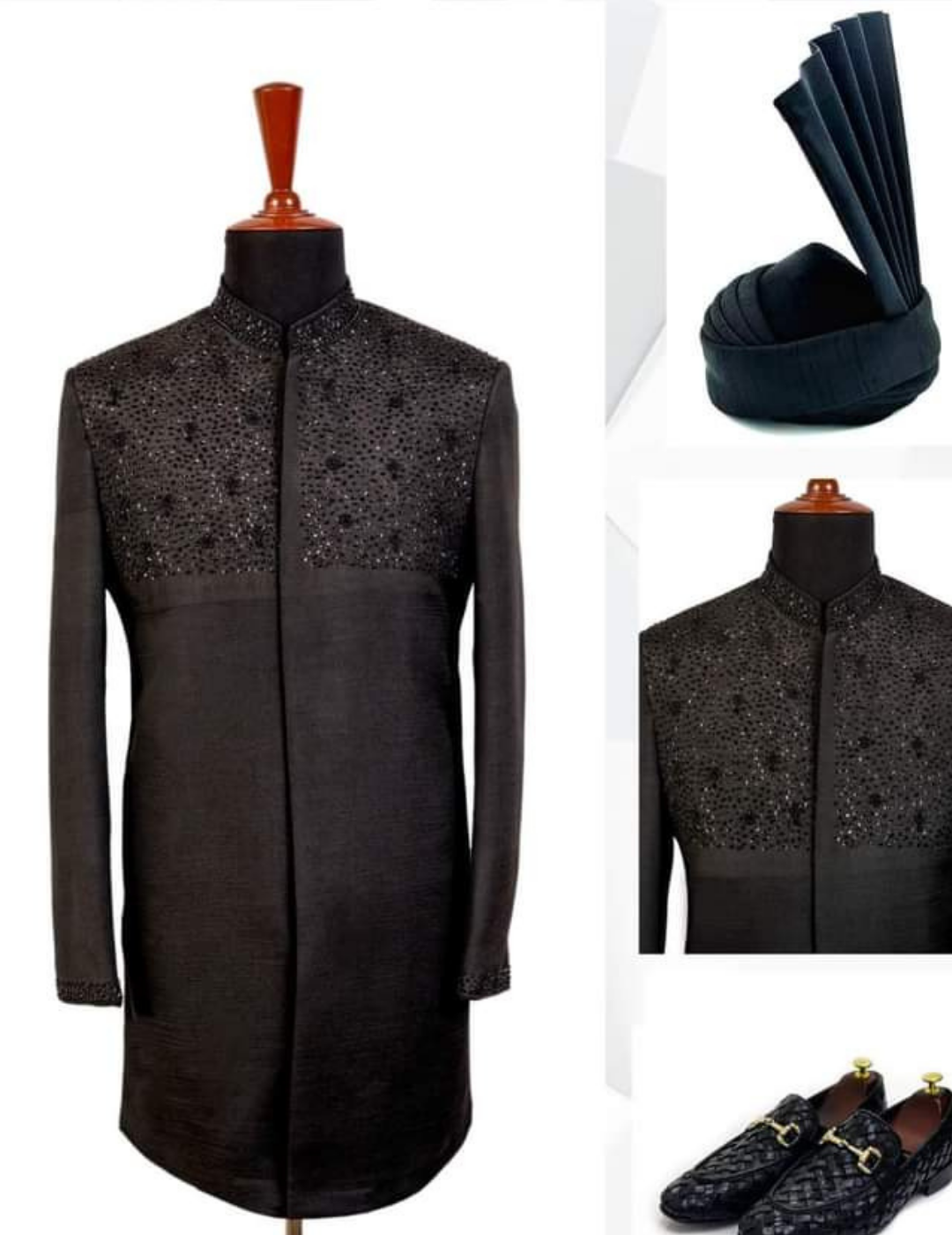 BLACK RAW SILK SHERWANI