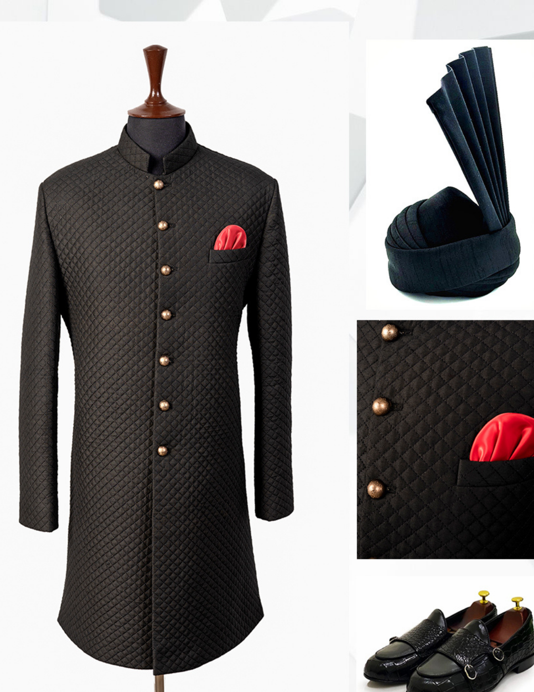 Black self-created checks sherwani