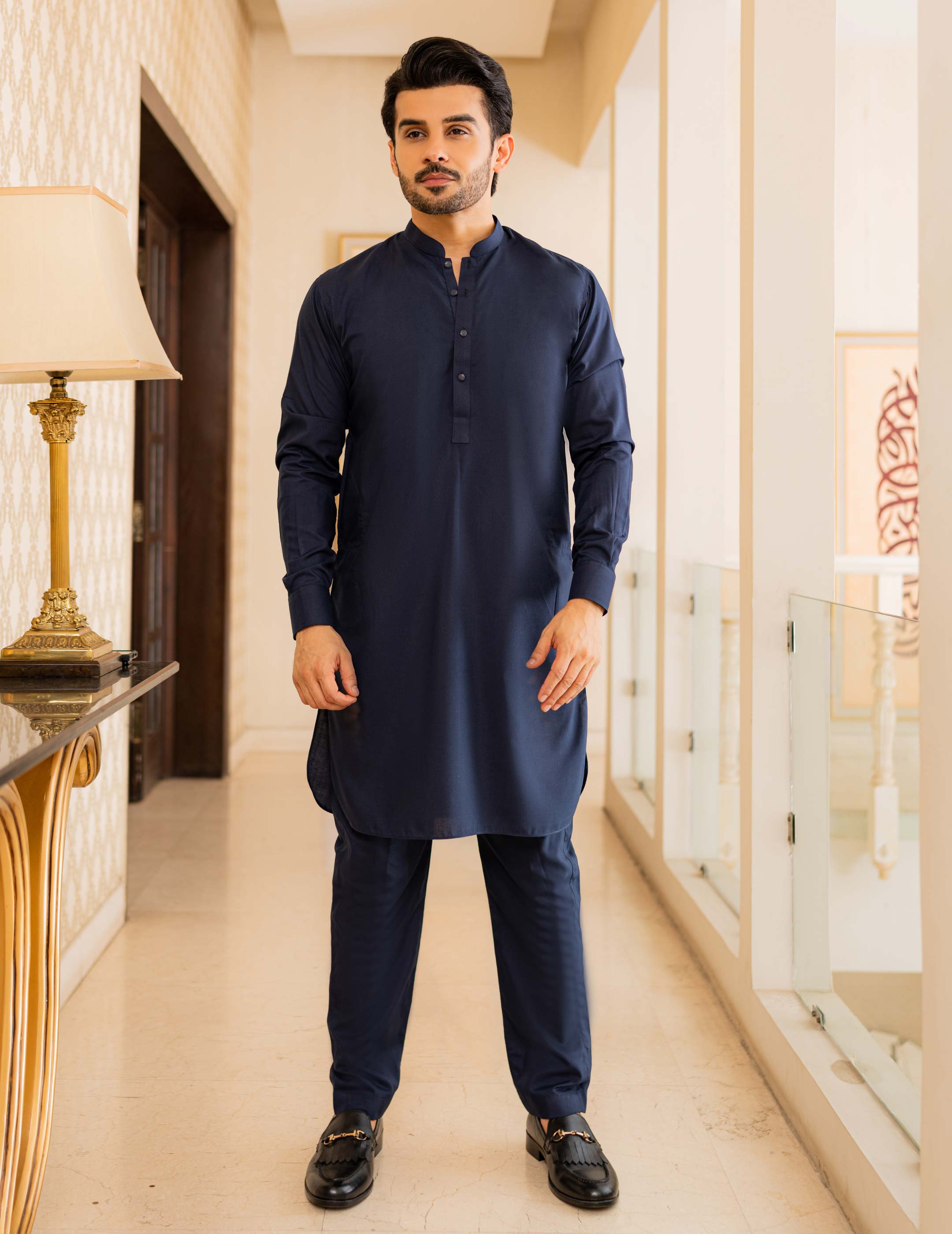 Dark navy-blue kurta trouser.